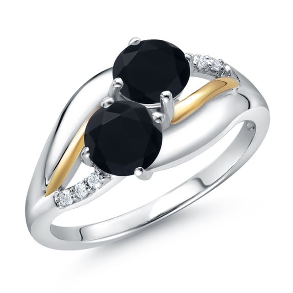 Gem Stone King 925 Sterling Silver and 10k Yellow Gold Black Onyx and White Lab Grown Diamond 2 Stone Engagement Ring for Women (0.99 Cttw, Round 5MM, Gemstone December Birthstone, Size 7)
