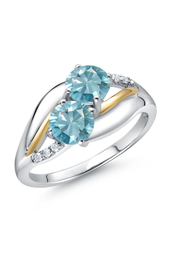 925 Sterling Silver and 10k Yellow Gold Blue Zircon and White Lab Grown Diamond 2 Stone Engagement Ring for Women (1.74 Cttw, Round 5MM, Gemstone December Birthstone, Size 8)