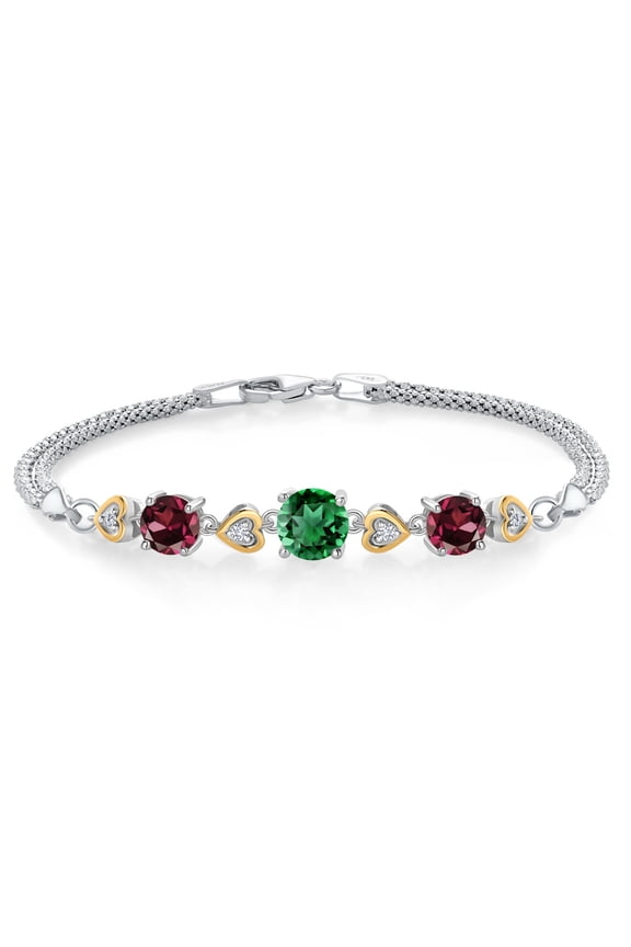 925 Sterling Silver and 10k Yellow Gold Green Nano Emerald Red Rhodolite Garnet and White Lab Grown Diamond Bracelet for Women (3.30 Cttw, Round 7MM and 6MM, 6.5/7/7.5 inch, Made in Italy)