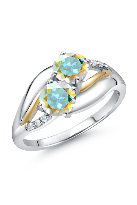 925 Sterling Silver and 10k Yellow Gold Mercury Mist Mystic Topaz and White Lab Grown Diamond 2 Stone Engagement Ring for Women (1.14 Cttw, Round 5MM, Gemstone, Size 8)