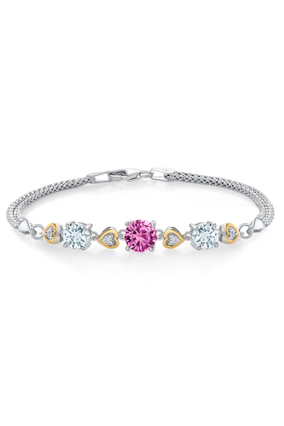 925 Sterling Silver and 10k Yellow Gold Pink Created Sapphire Sky Blue Aquamarine and White Lab Grown Diamond Bracelet for Women (3.24 Cttw, Round 7MM and 6MM, 6.5/7/7.5 inch, Made in Italy)