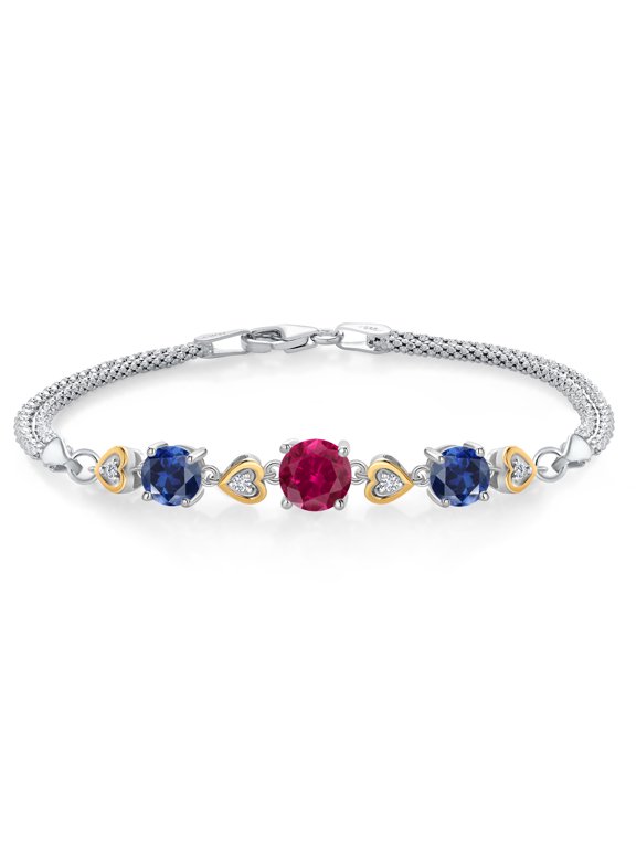 925 Sterling Silver and 10k Yellow Gold Red Created Ruby Blue Created Sapphire and White Lab Grown Diamond Bracelet for Women (3.63 Cttw, Round 7MM and 6MM, 6.5/7/7.5 inch, Made in Italy)