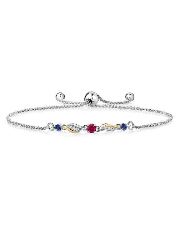 925 Sterling Silver and 10k Yellow Gold Red Created Ruby Blue Created Sapphire and White Lab Grown Diamond Tennis Bracelet for Women (0.39 Cttw, July Birthstone, Fully Adjustable up to 9 inch)