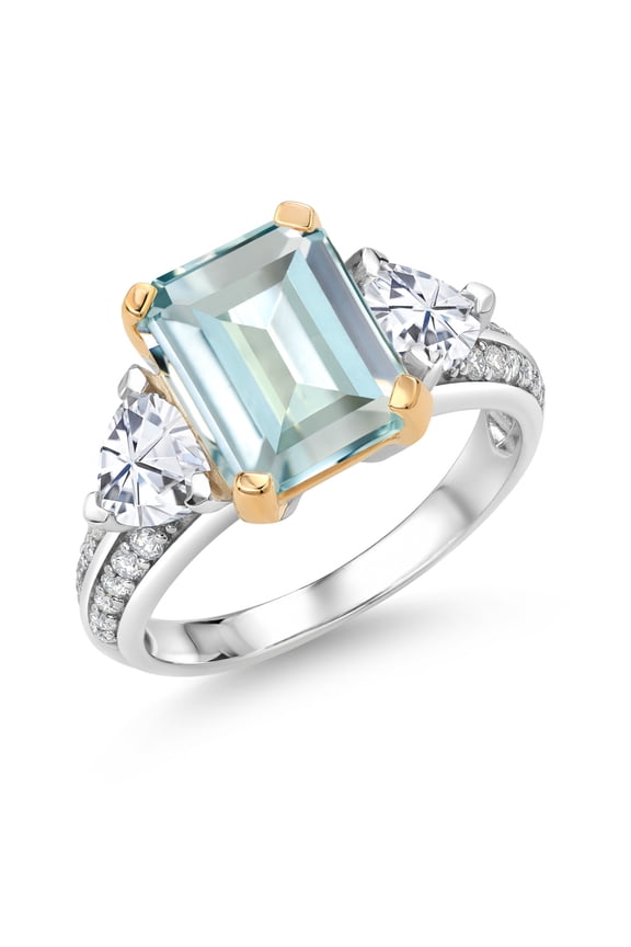 925 Sterling Silver and 10k Yellow Gold Sky Blue Simulated Aquamarine and White Moissanite 3 Stone Engagement Ring for Women (4.23 Cttw, Octagon Cut 10X8MM, Size 8)