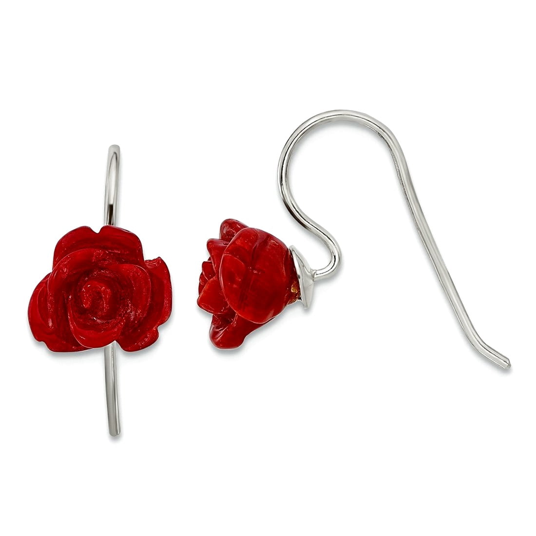 925 Sterling Silver 10mm Red Simulated Coral Rose Shepherd Hook Earrings 16x10.35mm Wide Stud Earring for Women