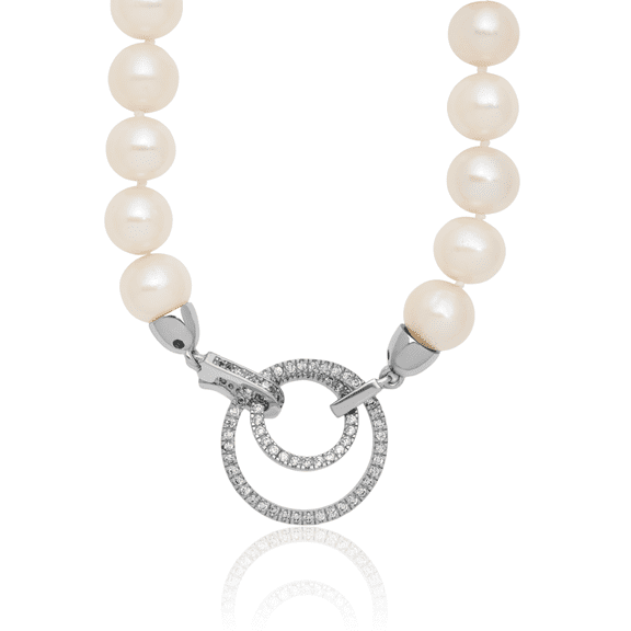 925 Sterling Silver 10mm White Near Round Freshwater Cultured Pearl Cubic Zirconia CZ Adjustable Necklace Chain