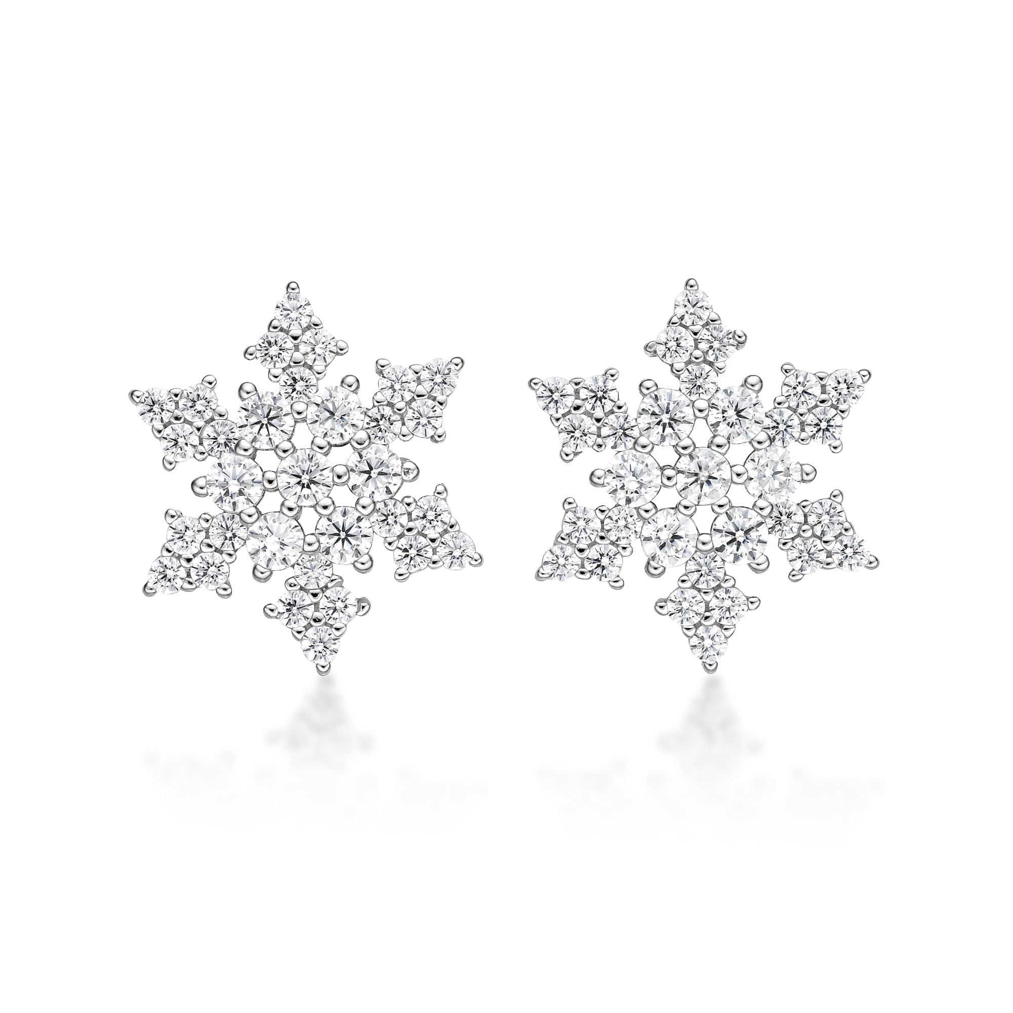 925 Sterling Silver Cubic Zirconia Snowflake Stud Earrings Post with Friction Back 13 mm