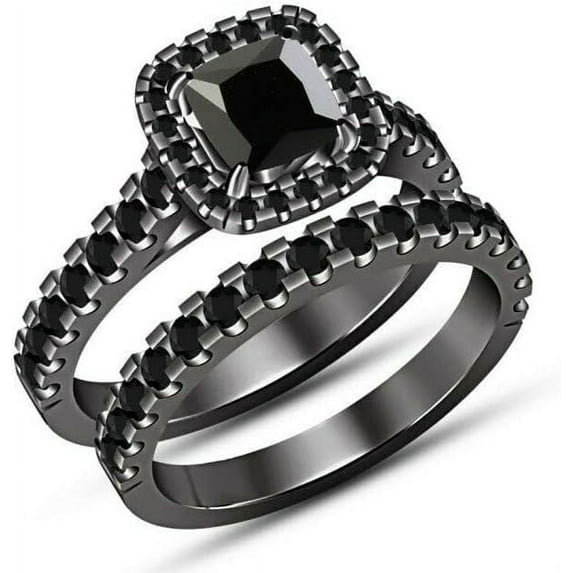 925 Sterling Silver 14K Black Gold Finish Cushion Cut Black Diamond Wedding Engagement Bridal Ring Set For Womens