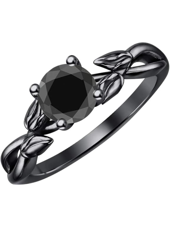 925 Sterling Silver 14K Black Gold Finish Round Cut Black Diamond Leaf Solitaire Engagement Ring For Womens