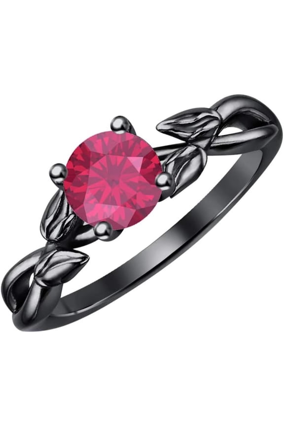 925 Sterling Silver 14K Black Gold Finish Round Cut Orange Sapphire Leaf Solitaire Engagement Ring For Womens