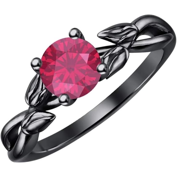 925 Sterling Silver 14K Black Gold Finish Round Cut Orange Sapphire Leaf Solitaire Engagement Ring For Womens