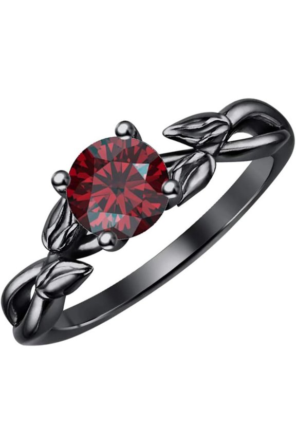 925 Sterling Silver 14K Black Gold Finish Round Cut Red Garnet Leaf Solitaire Engagement Ring For Womens