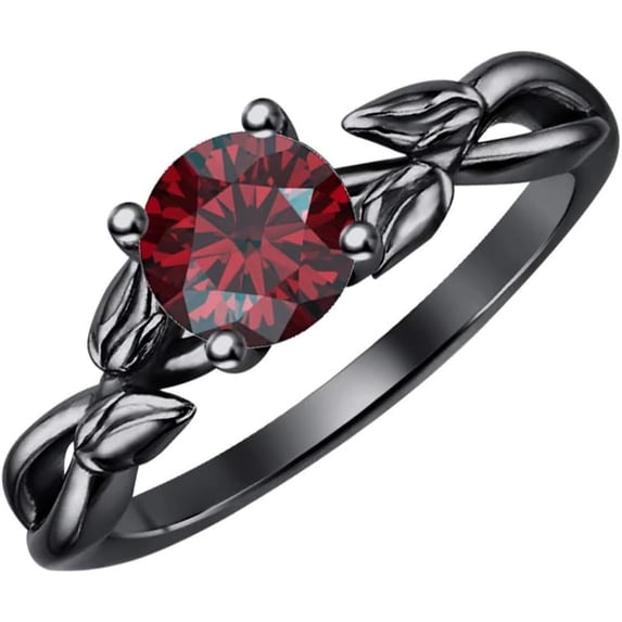 925 Sterling Silver 14K Black Gold Finish Round Cut Red Garnet Leaf Solitaire Engagement Ring For Womens