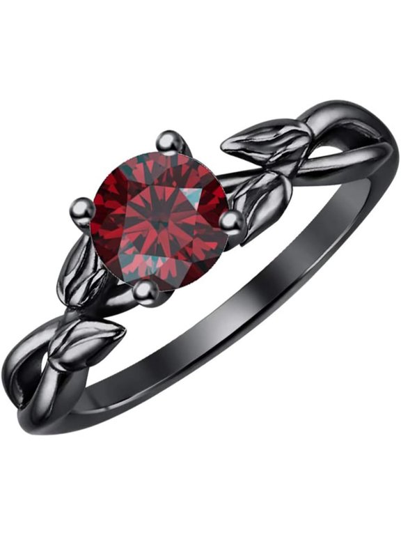 925 Sterling Silver 14K Black Gold Finish Round Cut Red Garnet Leaf Solitaire Engagement Ring For Womens