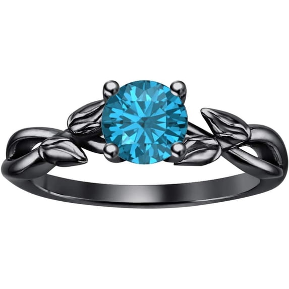925 Sterling Silver 14K Black Gold Finish Round Cut Swiss Blue Topaz Leaf Solitaire Engagement Ring For Womens