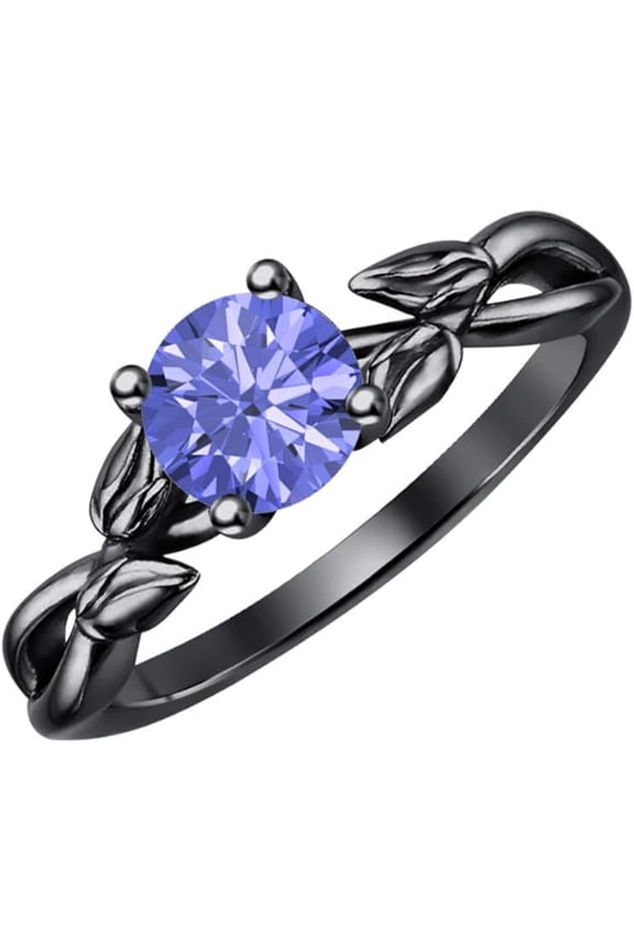 925 Sterling Silver 14K Black Gold Finish Round Cut Tanzanite Leaf Solitaire Engagement Ring For Womens