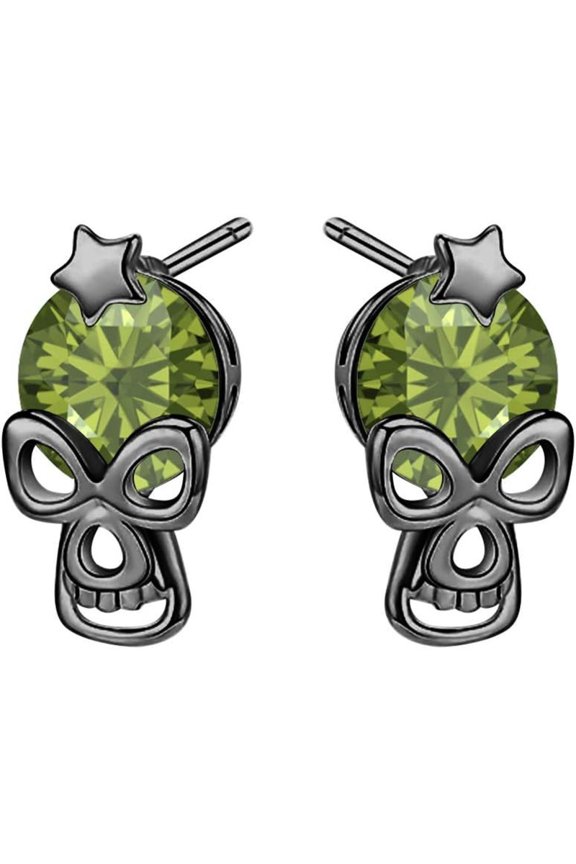 925 Sterling Silver 14K Black Gold Plated Round Cut Green Tourmalime Birthstone Star on Head Skull Stud Earring Halloween Special for Women