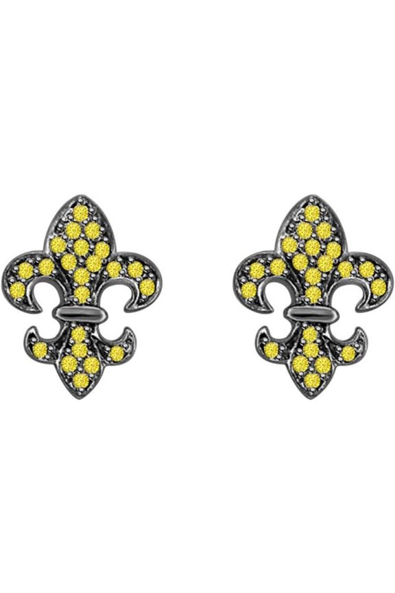 925 Sterling Silver 14K Black Gold Plated Round Cut Yellow Sapphire Birthstone Fleru De Lis Symbol Lily Flower Stud Earring Gift for Women