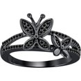 thumbnail image 1 of 925 Sterling Silver 14K Black Gold Plating Round Cut Gemstone Black Diamond Butterfly Engagement Ring For Women, 1 of 1