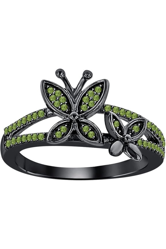 925 Sterling Silver 14K Black Gold Plating Round Cut Gemstone Green Tourmaline Butterfly Engagement Ring For Women