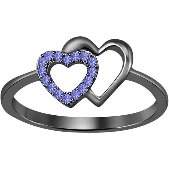 925 Sterling Silver 14K Black Gold Plating Round Cut Gemstone Tanzanite Double Heart Shape Valentine's Day Special Engagement Ring For Women