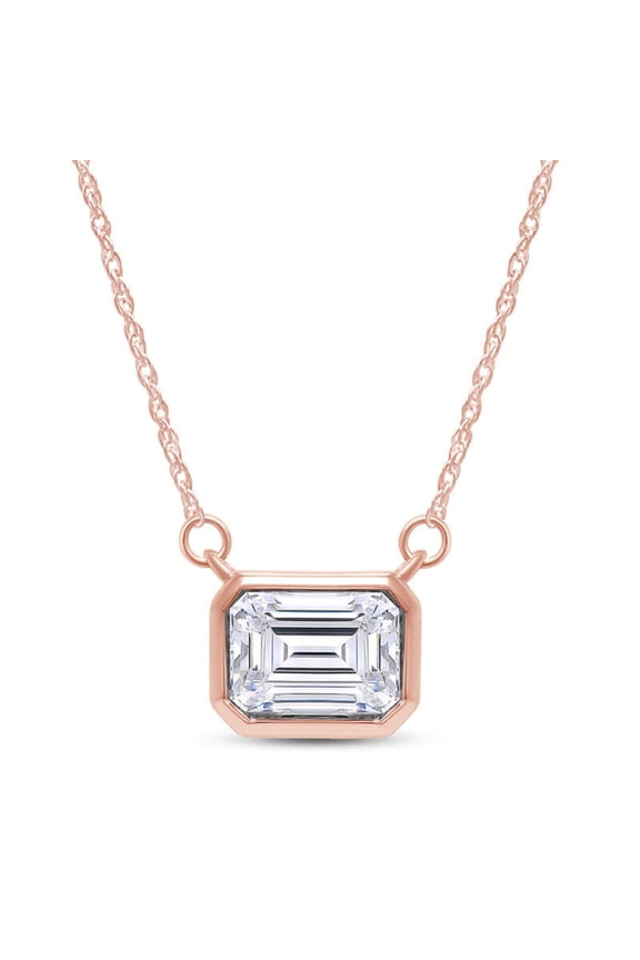 925 Sterling Silver 14K Rose Gold Finish Emerald Cut White Diamond Solitaire Pendant Necklace for Women