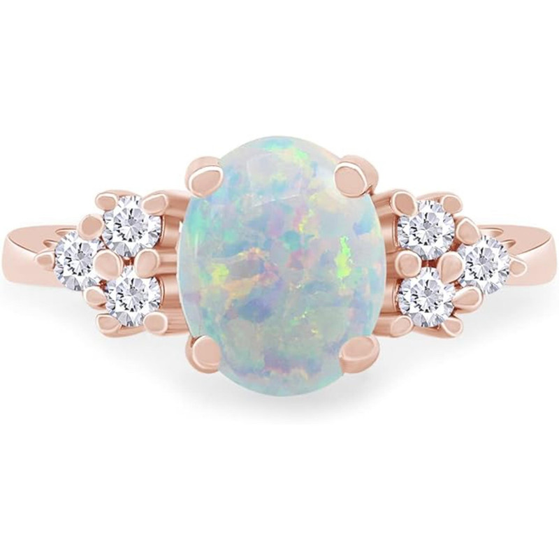 925 Sterling Silver 14K Rose Gold Finish Oval Cut Fire Opal With White Diamond Engagement Promise Rings for Women