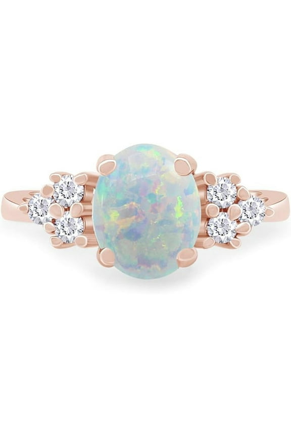 925 Sterling Silver 14K Rose Gold Finish Oval Cut Fire Opal With White Diamond Engagement Promise Rings for Women