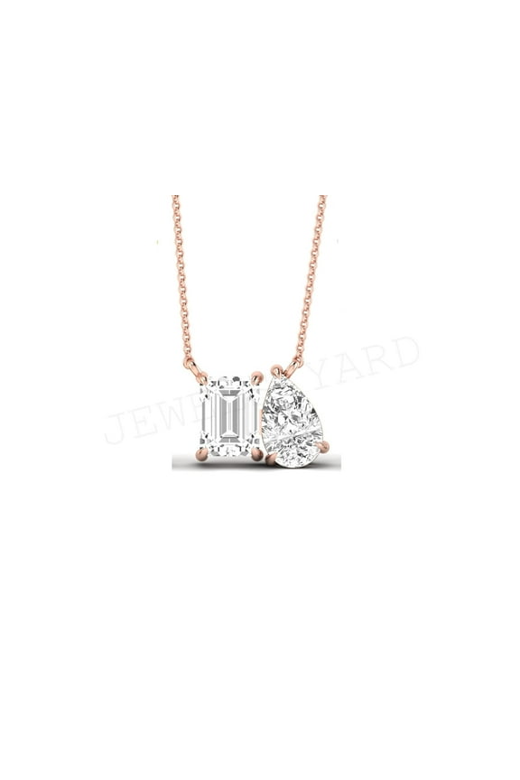 925 Sterling Silver 14K Rose Gold Finish Pear & Emerald Cut White Diamond Toi Et Moi 2 Stone Pendant Necklace For Women