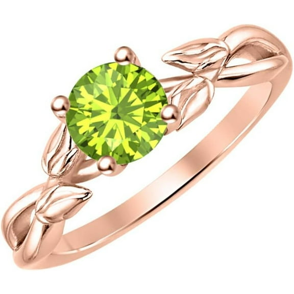 925 Sterling Silver 14K Rose Gold Finish Round Cut Peridot Leaf Solitaire Engagement Ring For Womens