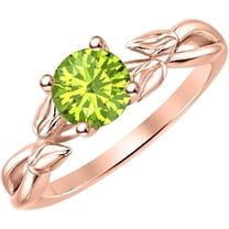 925 Sterling Silver 14K Rose Gold Finish Round Cut Peridot Leaf Solitaire Engagement Ring For Womens
