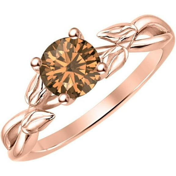 925 Sterling Silver 14K Rose Gold Finish Round Cut Smoky Quartz Leaf Solitaire Engagement Ring For Womens