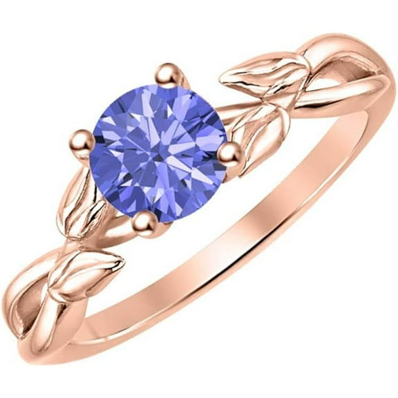 925 Sterling Silver 14K Rose Gold Finish Round Cut Tanzanite Leaf Solitaire Engagement Ring For Womens