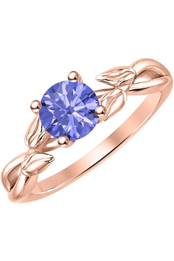 925 Sterling Silver 14K Rose Gold Finish Round Cut Tanzanite Leaf Solitaire Engagement Ring For Womens