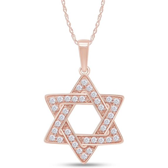 925 Sterling Silver 14K Rose Gold Finish Round Cut White Diamond Jewish Faith Star Of David Pendant Necklace for Women