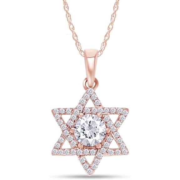 925 Sterling Silver 14K Rose Gold Finish Round Cut White Diamond Jewish Faith Star Of David Symbol Pendant Necklace for Women