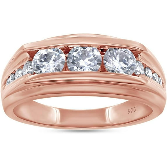 925 Sterling Silver 14K Rose Gold Finish Round Cut White Diamond Three Stone Men's Anniversary Wedding Band Ring
