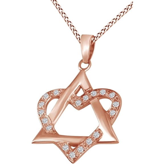 925 Sterling Silver 14K Rose Gold Finish Round Cut White daimond Jewish Star of David & Heart Pendant Necklace for Women
