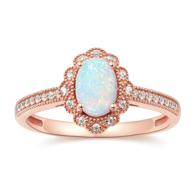 925 Sterling Silver 14K Rose Gold Oval Shape Created Opal Petal Engagement  Ring