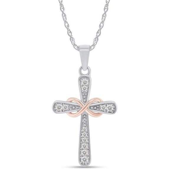 925 Sterling Silver 14K Rose Gold Over Round Cut Infinity Religious Cross Pendant Necklace Christian Baptism Gift For Women