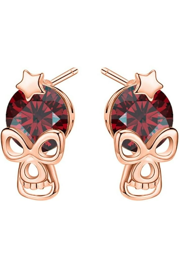 925 Sterling Silver 14K Rose Gold Plated Round Cut Red Garnet Birthstone Star on Head Skull Stud Earring Halloween Special for Women