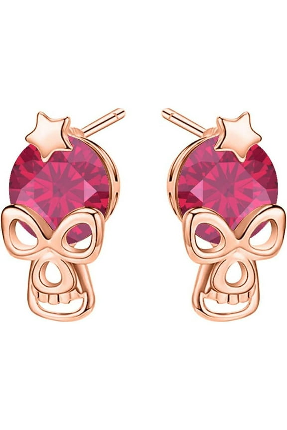 925 Sterling Silver 14K Rose Gold Plated Round Cut Ruby Birthstone Star on Head Skull Stud Earring Halloween Special for Women