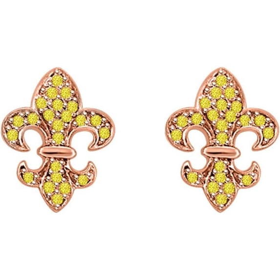 925 Sterling Silver 14K Rose Gold Plated Round Cut Yellow Sapphire Birthstone Fleru De Lis Symbol Lily Flower Stud Earring Gift for Women
