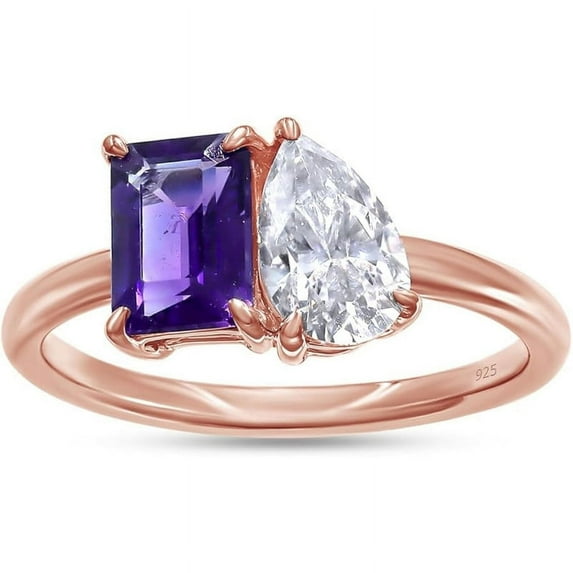 925 Sterling Silver 14K Rose Gold Plating Amethyst Emerlad Shape & Pear Cut White Diamond Toi Et Moi 2-Stone Wedding Engagement Ring For Women