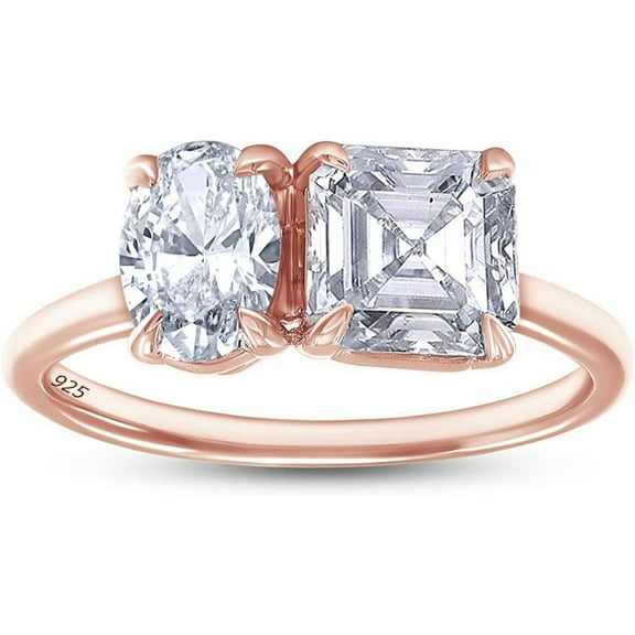 925 Sterling Silver 14K Rose Gold Plating Asscher Shape & Oval Cut White Diamond Toi Et Moi 2-Stone Wedding Engagement Ring For Women