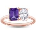 thumbnail image 1 of 925 Sterling Silver 14K Rose Gold Plating Emerald Shape Amethyst & Oval Cut White Diamond Toi Et Moi 2-Stone Engagement Wedding Ring For Women, 1 of 1