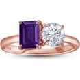 thumbnail image 1 of 925 Sterling Silver 14K Rose Gold Plating Emerald Shape Amethyst & Round Cut White Diamond Toi Et Moi 2-Stone Wedding Engagement Ring For Women, 1 of 1