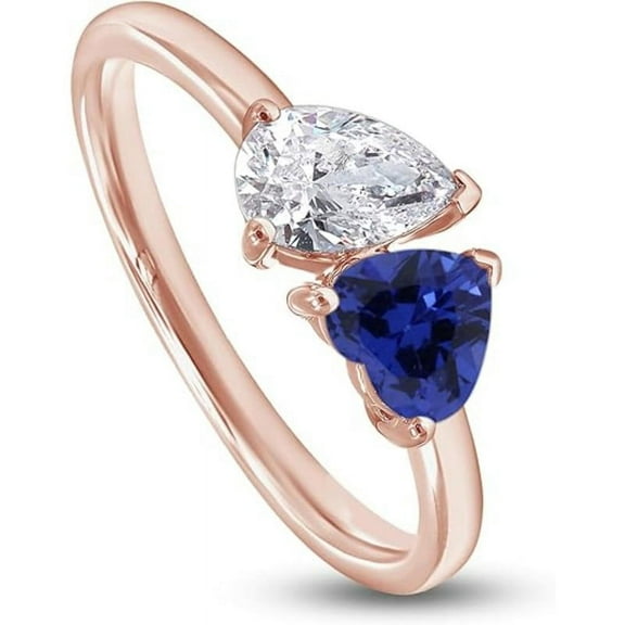 925 Sterling Silver 14K Rose Gold Plating Heart Shape Blue Sapphire & Pear Cut White Diamond Toi Et Moi 2-Stone Wedding Engagement Ring For Women