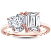 925 Sterling Silver 14K Rose Gold Plating Heart Shape & Emerald Cut White Diamond Toi Et Moi 2-Stone Wedding Engagement Ring For Women