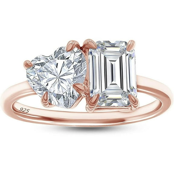 925 Sterling Silver 14K Rose Gold Plating Heart Shape & Emerald Cut White Diamond Toi Et Moi 2-Stone Wedding Engagement Ring For Women